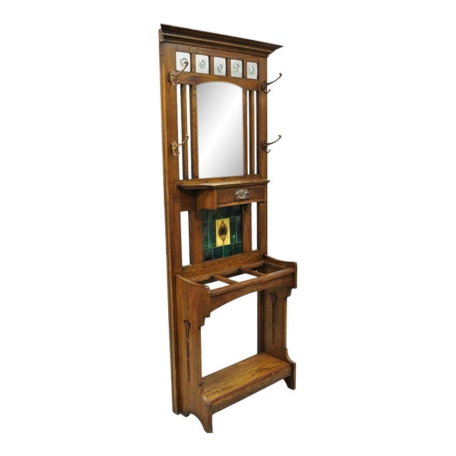 Antique English Art Nouveau Oak & Green Tile Coat Rack Umbrella Stand Hall Tree For Sale