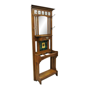 Antique English Art Nouveau Oak & Green Tile Coat Rack Umbrella Stand Hall Tree