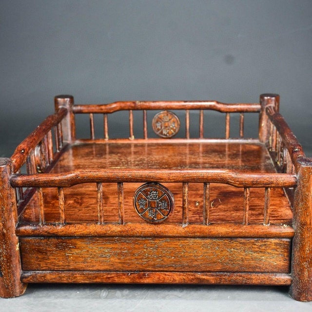 Vintage Chinese Huali Rosewood Display Tray | Carved "Fu" & Coin Motif Scholar's Tray For Sale - Image 4 of 9