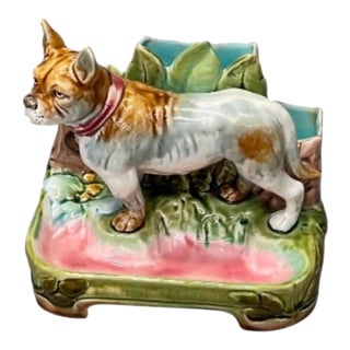 Vintage French Majolica Boxer / French Bulldog Figural Planter & Desk Catchall For Sale