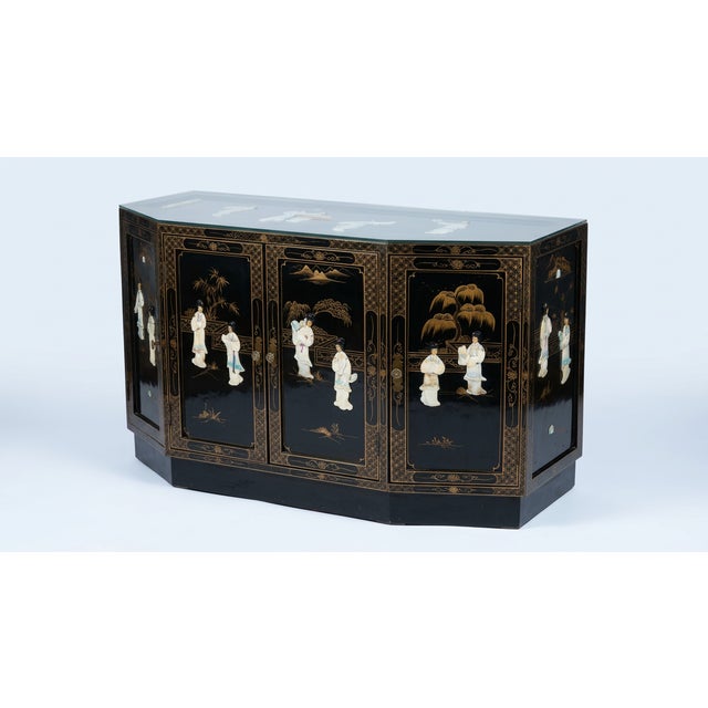 Chinoiserie Vintage Chinoiserie Black Lacquer Mother-of-Pearl Four-Door Sideboard For Sale - Image 3 of 12