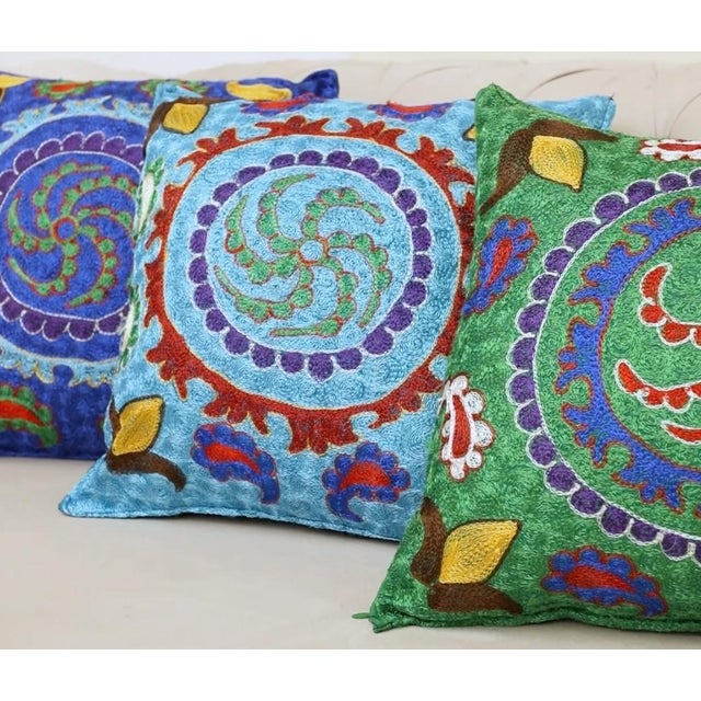 16"x16" Hand Embroidered Silk and Cotton Cushion Cover. Blue Toss Pillow Cover For Sale - Image 4 of 6