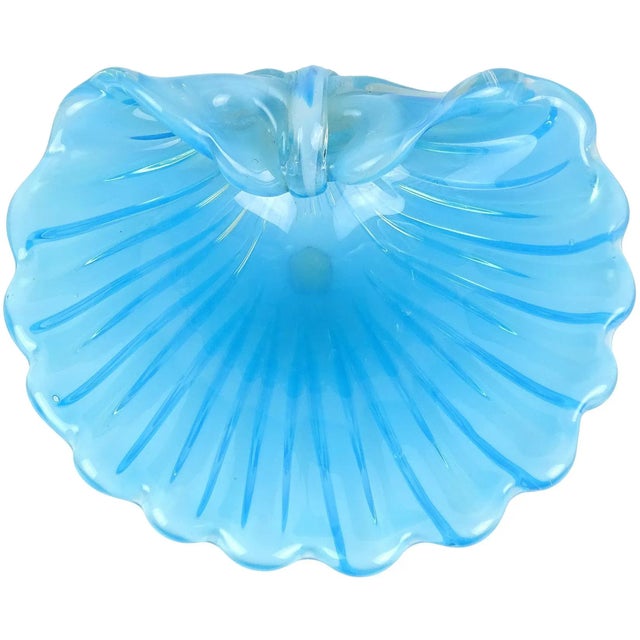 Glass Murano Cenedese Opalescent Blue White Italian Art Glass Vintage Mid Century Fan Shape Seashell Bowl For Sale - Image 7 of 7