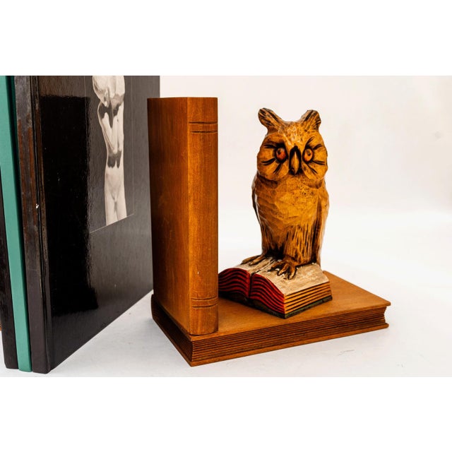 Wood Carved Owl Motive Lime Wood Bookends, Vienna, 1960s, Set of 2 For Sale - Image 7 of 18