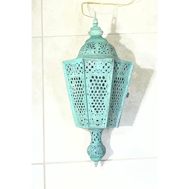Antique Moroccan Verdigris Copper Lantern – Hand-Pierced Openwork For Sale - Image 16 of 16