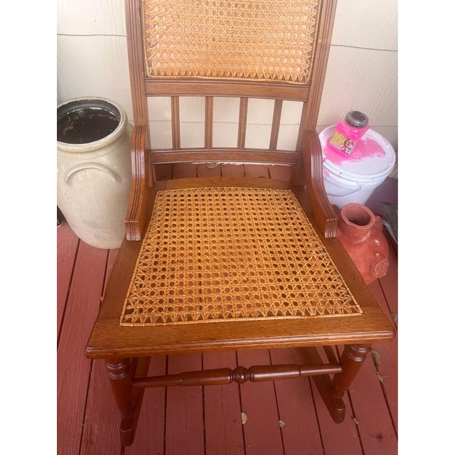 Antique Victorian Lincoln Style Wood Rocking Chair - Hand Woven Cane Seat & Back For Sale - Image 4 of 4