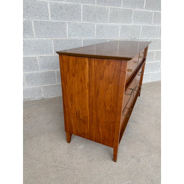 The Basic Witz Company Cherry Mid Century Double 54" Dresser & Mirror For Sale - Image 4 of 11