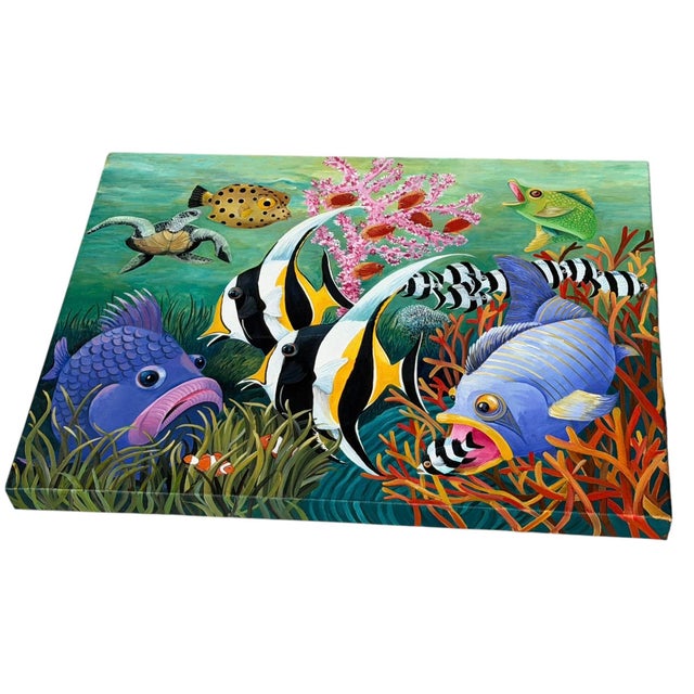 Hand-painted tropical reef fish painting on gallery-wrapped canvas featuring a vibrant underwater scene with colorful...