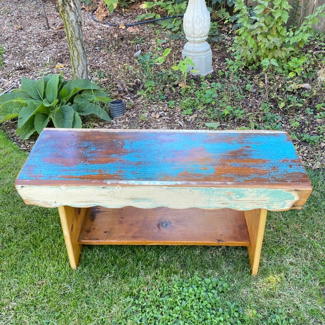 2020s Handcrafted Primitive Pine Wood Bench Made by Local Folk Artist With Antique Wood For Sale - Image 5 of 8