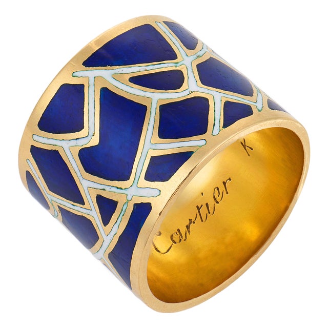 1980s Cartier Italian 18k Yellow Gold Blue and White Enamel Cigar Band, Size 5.5 For Sale