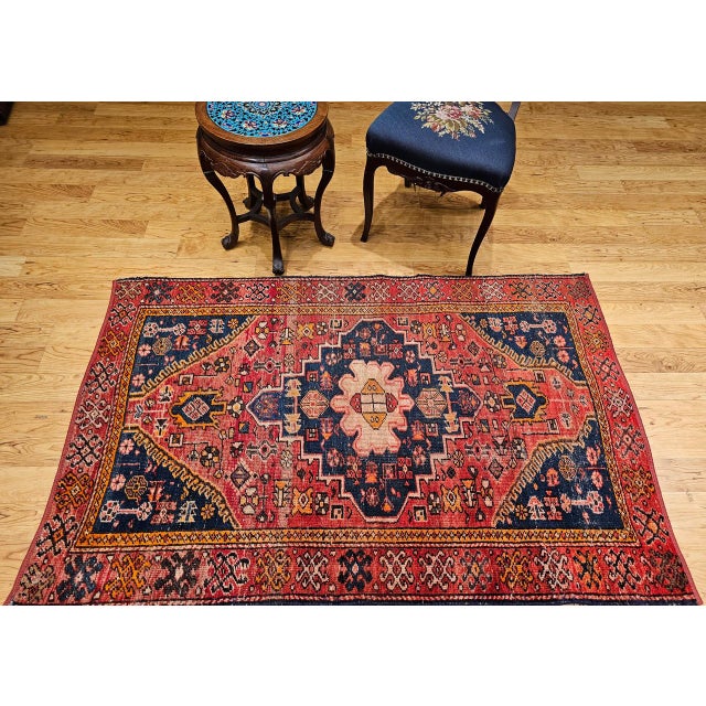 1900 - 1909 Vintage Persian Malayer Area Rug, Hand-Knotted Wool, Geometric Tribal Pattern, 4x6, Red & Blue For Sale - Image 5 of 16