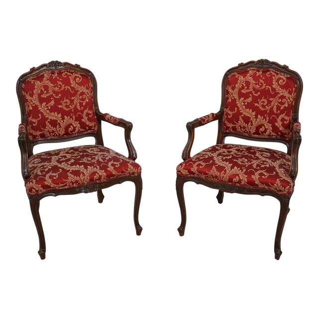 Pair Ethan Allen Damask Upholstered French Open Armchairs Chairish