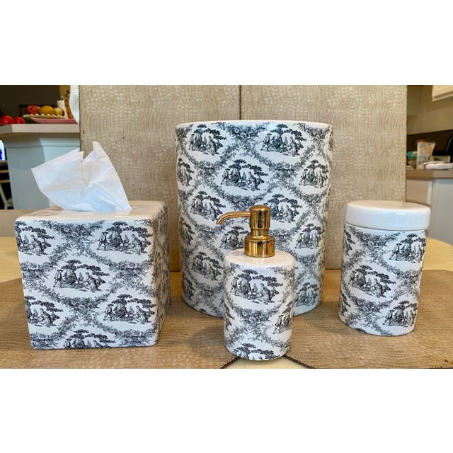1980s 1980s Labrazel Ceramic Bath Set, Black/Cream Toile Made in Italy, Wastebasket, Tissue Holder, Soap Dispenser, Covered Jar - 4 Piece Set For Sale - Image 5 of 8