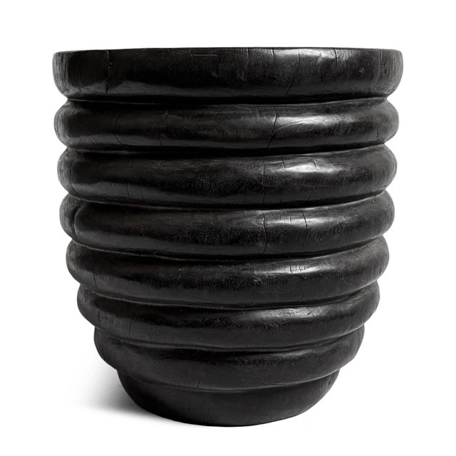 Black Ribbed Solid Wood Vintage Stool Side Table For Sale - Image 4 of 7