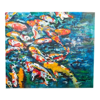 Mid 20th Century Oil Painting Koi Fish Textured Signed Romero Abstract Large 6'x7' For Sale