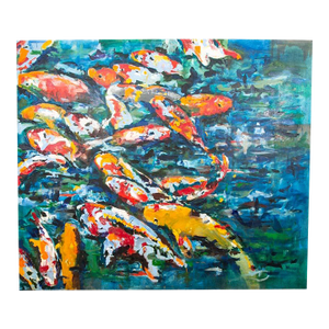 Mid 20th Century Oil Painting Koi Fish Textured Signed Romero Abstract Large 6'x7'