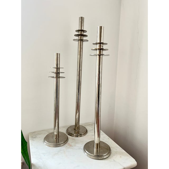 Vintage Art Deco Modernist Chrome Candlesticks, 1930s, Set of 3 For Sale - Image 16 of 17