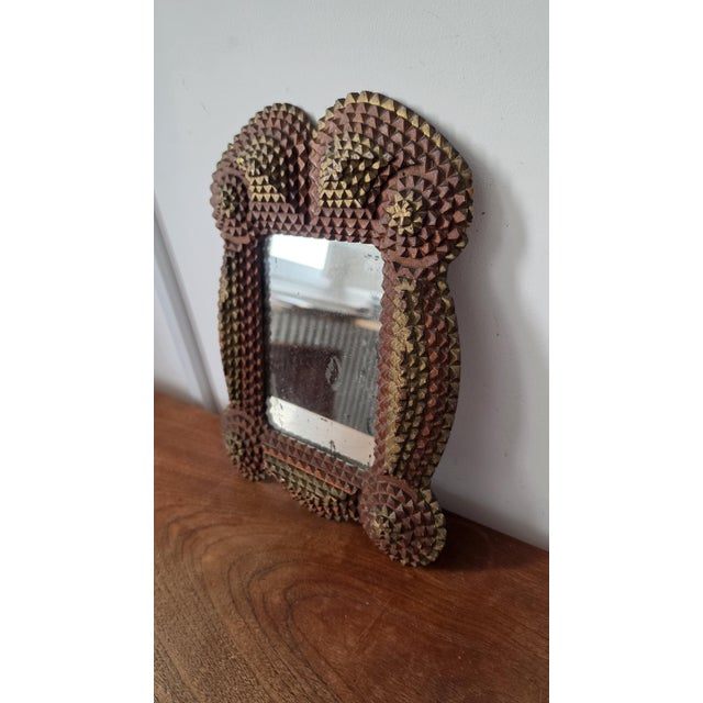 Rustic Antique Tramp Art Mirror, Folk Art Carved Wood Mirror, Rustic Americana Wall Decor, Hand Carved Wooden Frame For Sale - Image 3 of 15