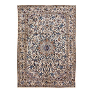 1960s Vintage Persian Kashan Handmade Medallion Beige Wool Rug For Sale