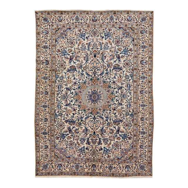 1960s Vintage Persian Kashan Handmade Medallion Beige Wool Rug For Sale