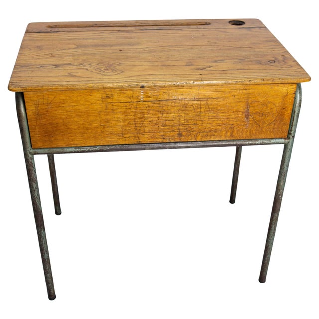 Mid 20th Century Student Oak & Iron Writing Table Slant Top Desk, France, 1950s For Sale - Image 12 of 12