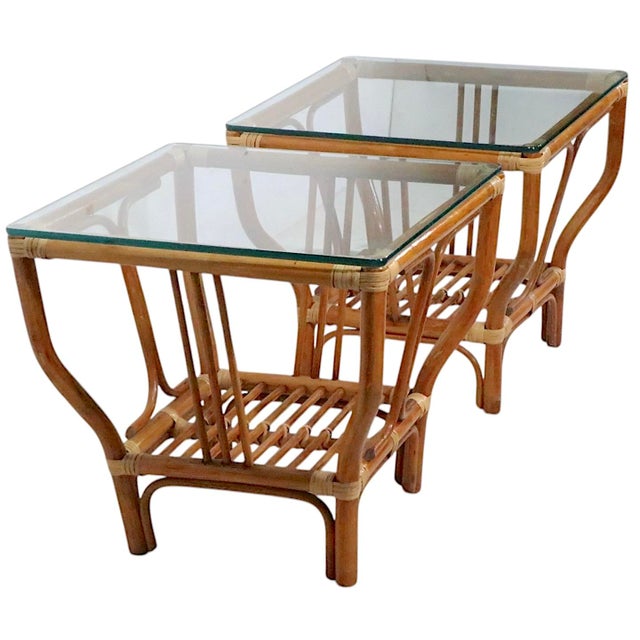 Pr. Mid Century Bamboo and Glass End Side Tables After Frankl For Sale - Image 9 of 12