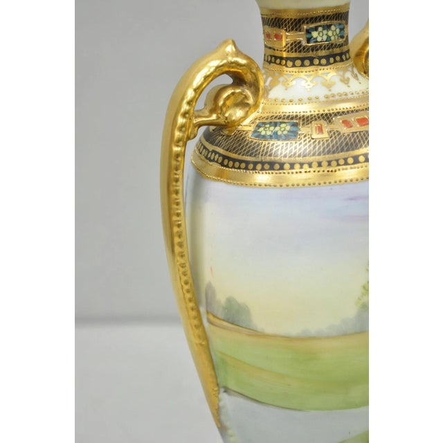 Antique Nippon Hand Painted Twin Handled Gold Gilt Lake & Swan Scene Bolted Vase For Sale - Image 12 of 17