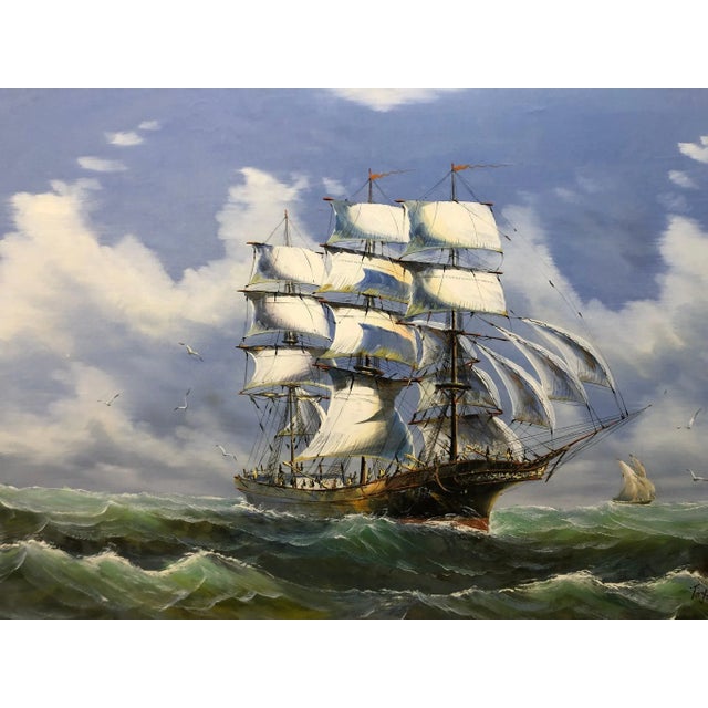 European school. This captivating painting, signed on the bottom, depicts a majestic ship sailing across a calm, greenish...