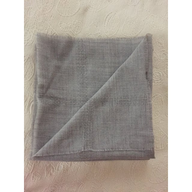 Just gorgeous fabric in soft gray wool color. Dry clean only. 54x54 square with large square checks.