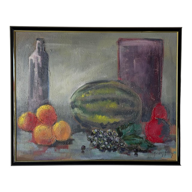 1970s Vintage Gasper Gunhz Modernist Still Life Fruits Oil on Canvas Painting, Framed For Sale