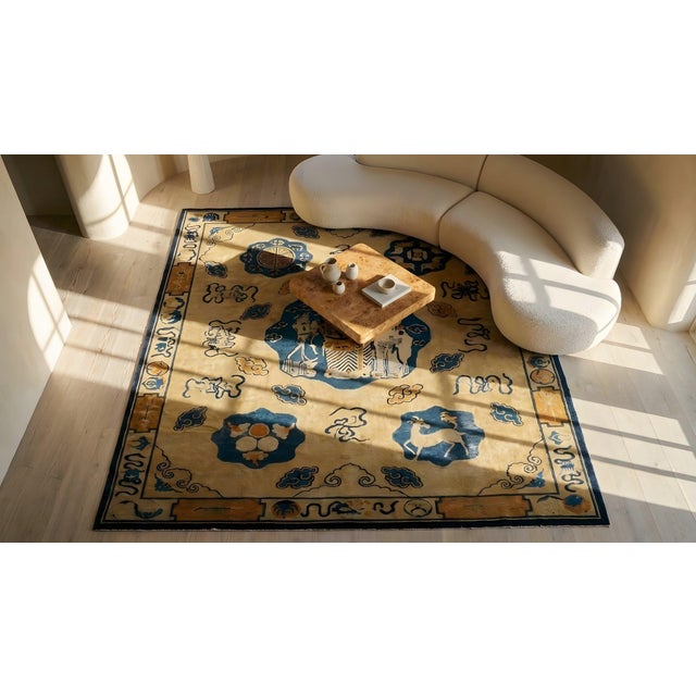 1890s Ivory Antique Scenic Animal Cloud Pictorial Chinese Scholars Peking Rug For Sale - Image 15 of 15