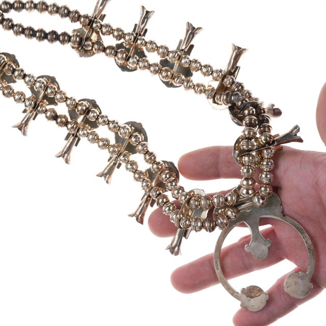 Vintage Navajo Silver and Turquoise Squash Blossom Necklace For Sale - Image 4 of 5