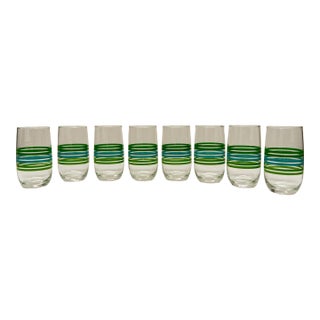 Mid Twentieth Century Modern Green Striped Glass Tumblers Set of 8 For Sale