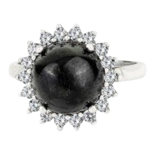 Vintage Inspired Natural Black Star & Zircon Halo Cocktail Ring Size 7 For Sale