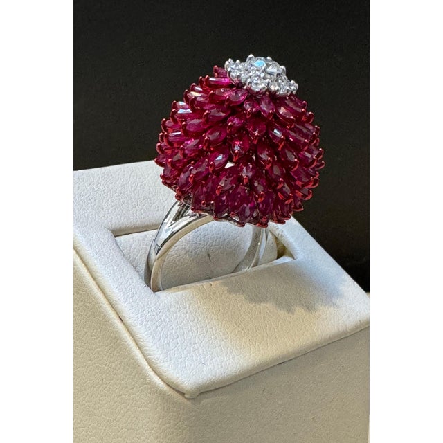 12 Ct Natural Marquis Ruby & 0.75 Ct Diamond 18 Kt White Gold Ball Ring Size 6 For Sale - Image 13 of 18