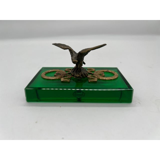 Antique French Empire Style Gilt Eagle Motif & Emerald Glass Paperweight For Sale - Image 4 of 6