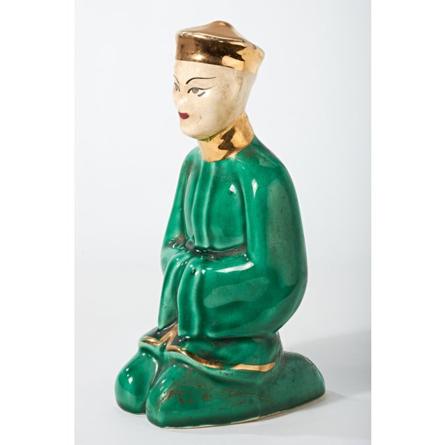 Green Vintage Ceramic Figurine of Kneeling Chinese Man in Green and Gold For Sale - Image 8 of 9