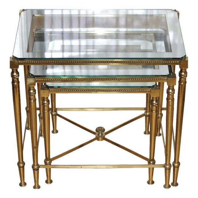Nesting Tables in Brass and Glass in the style of Maison Baguès, 1960s, Set of 3 For Sale
