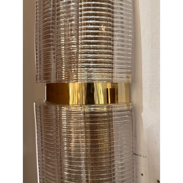 Modern Large Scale Ribbed Murano Glass and Brass Tube Form Sconces For Sale - Image 3 of 5