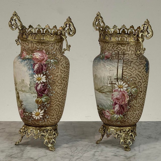 Pair of 19th Century French Gilt Bronze Mounted Hand-Painted Porcelain Vases by Royal Bonn For Sale - Image 4 of 18
