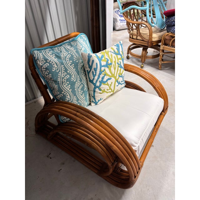 Fully Refurbished, Double Tear-Drop Stacked Rattan Bamboo Sofa and Chair Living Room Set. Mid-Century, Rattan in the Manner of Paul Frankl. For Sale In West Palm - Image 6 of 13