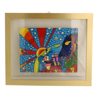 1970s Original Peter Max Painting Acrylic on Paper, Signed & Stamped in Floating Frame For Sale
