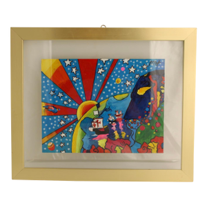 1970s Original Peter Max Painting Acrylic on Paper, Signed & Stamped in Floating Frame