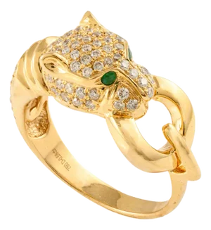 Contemporary Panther Head Ring With Emerald Diamond in 18k Solid Yellow Gold Available in All Sizes