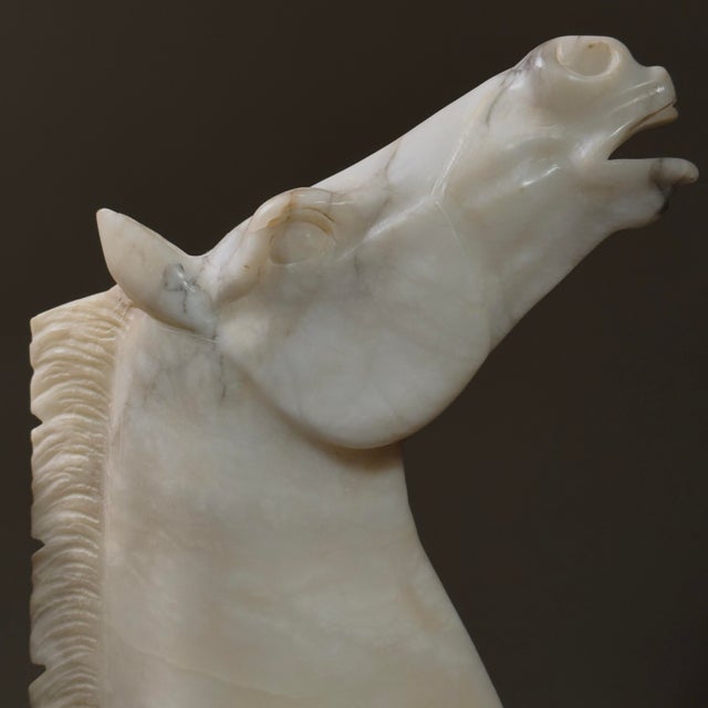 Antique Large Italian Art Deco Hand Carved Alabaster Horse Head Bookends For Sale - Image 9 of 12