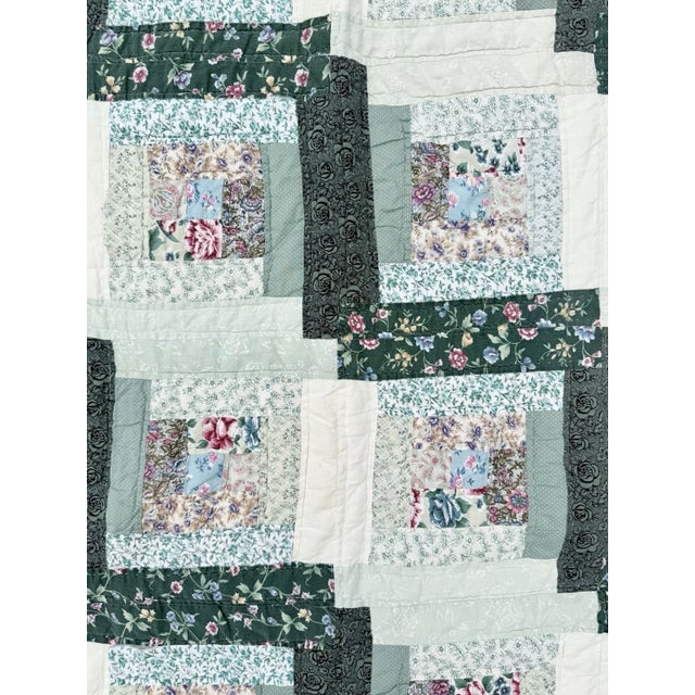 Vintage Hand Stitched Log Cabin Quilt Green And White, Square 77x79” For Sale - Image 13 of 18