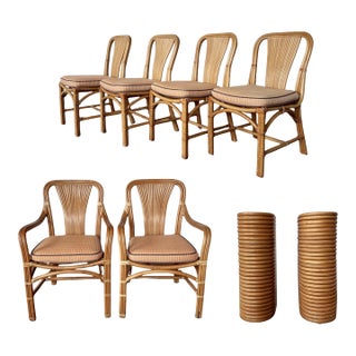 Vintage Rattan Dining Set With Stacked Rattan Dining Table and 6 Dining Chairs With Original Upholstery - Set of 8 For Sale