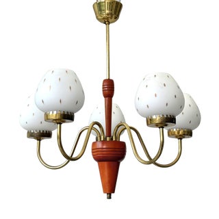 Mid-Century Modern Scandinavian Chandelier in Brass with Glass and Birch, Sweden, 1950s For Sale