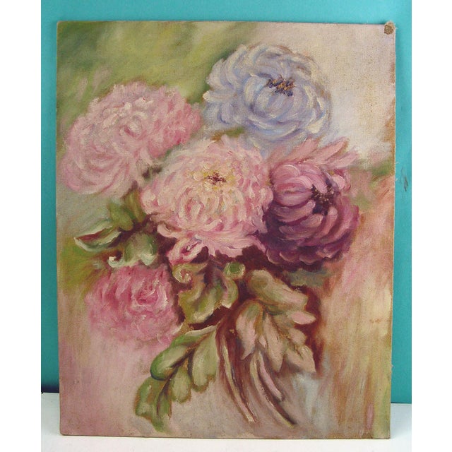 Mid 20th century impressionist pink floral bouquet botanical oil on canvas board, unsigned. Unframed, edge wear, small...