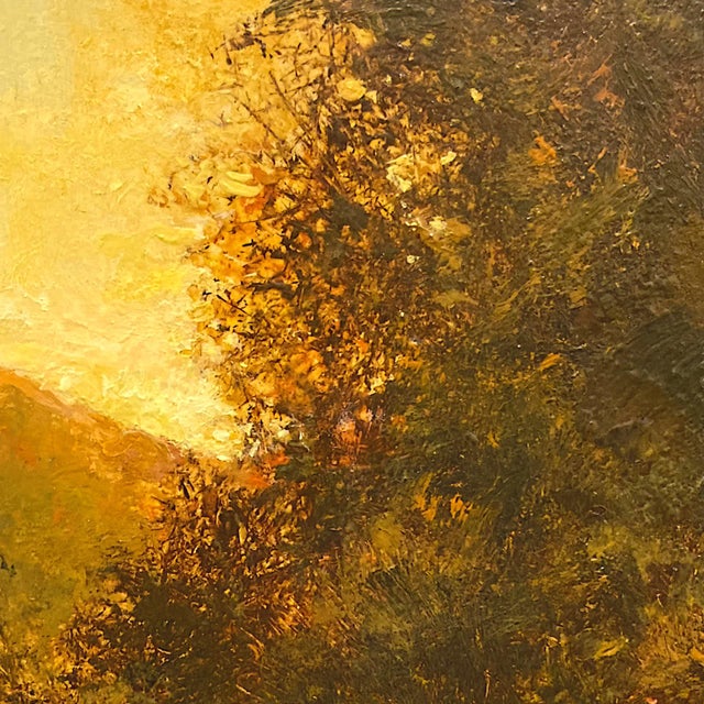 This oil on panel artwork captures a serene evening scene, bathed in warm golden hues that evoke a sense of tranquility....
